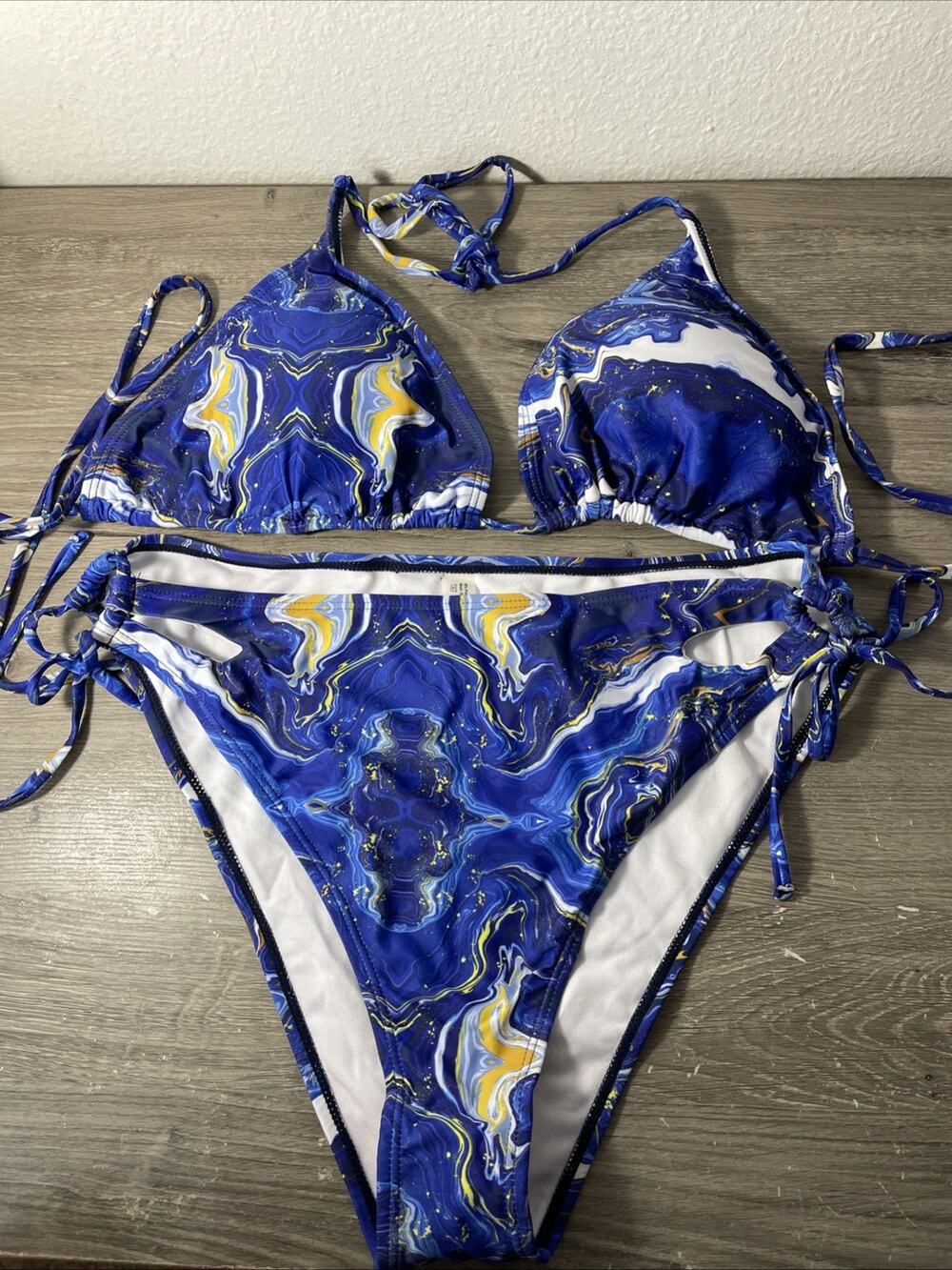 Plus Size 4XL Blue Marble 3-Piece Bikini Set W/ Sheer Mesh Crop Top Cover Up